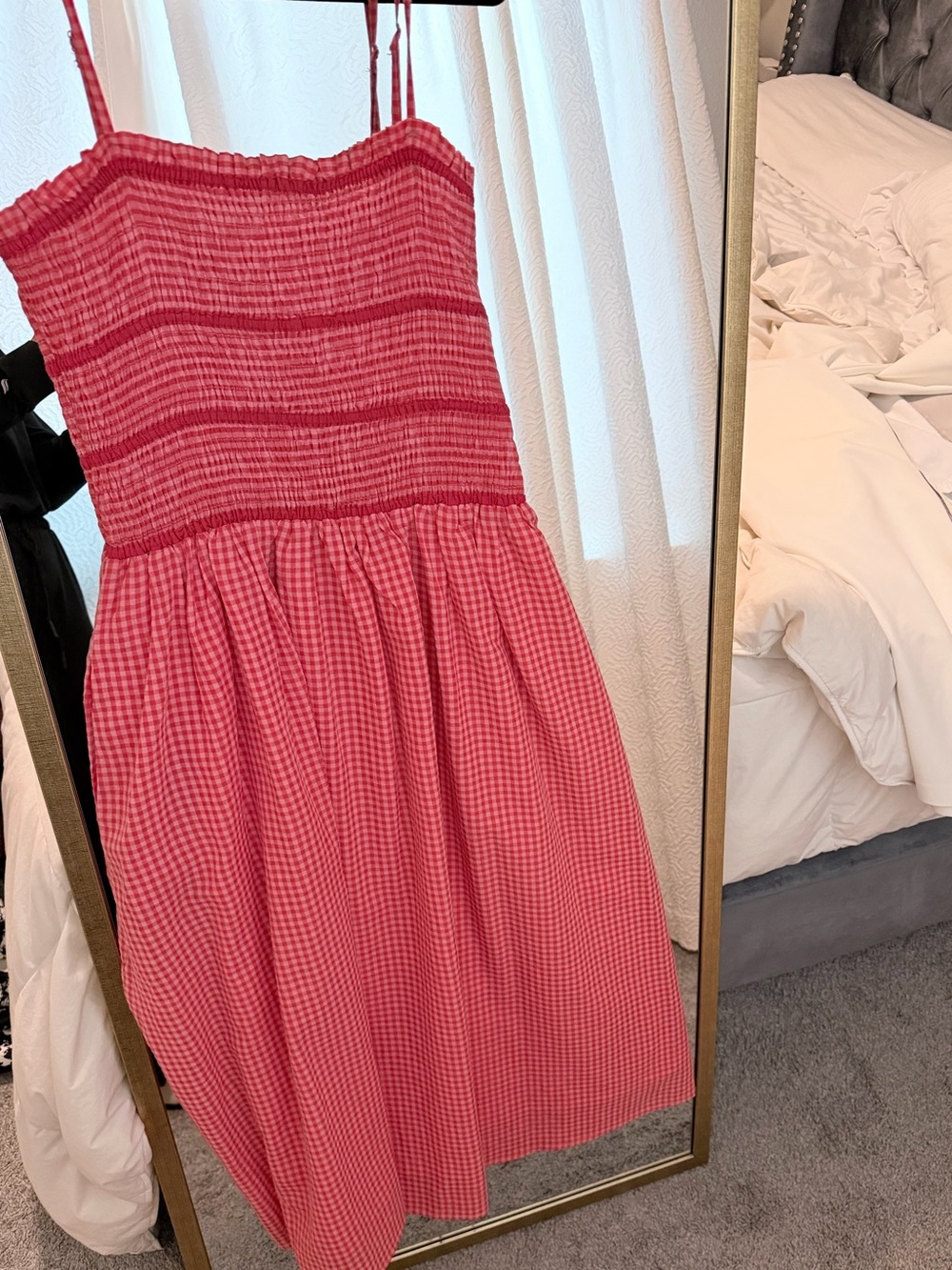 AUREUM Coral Pink Gingham Smocked Top